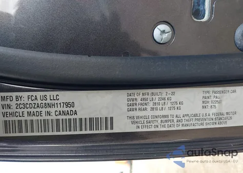 2022 Dodge Challenger Sxt из США, поврежденный, VIN 2C3CDZAG8NH117950